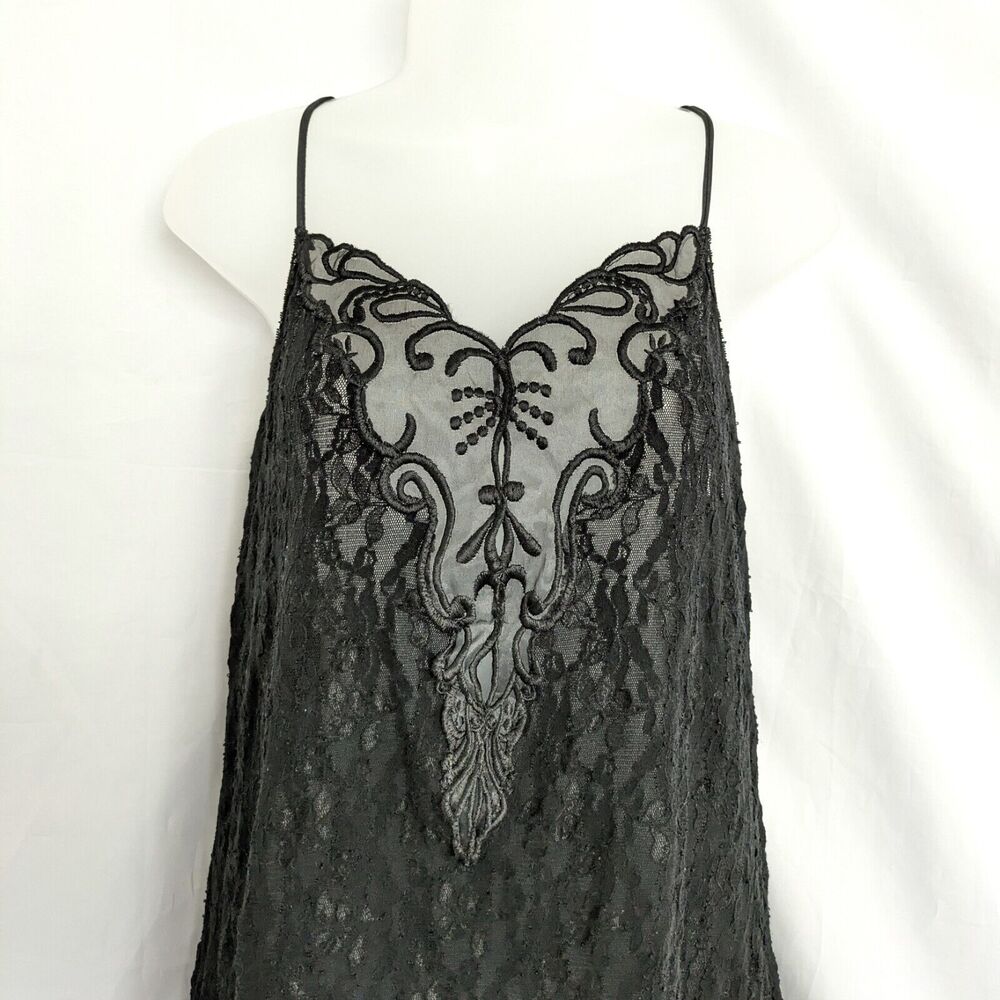 VTG Cinema Etoile Black Lace Mini Nightgown Chemise M Sheer Coquette Floral